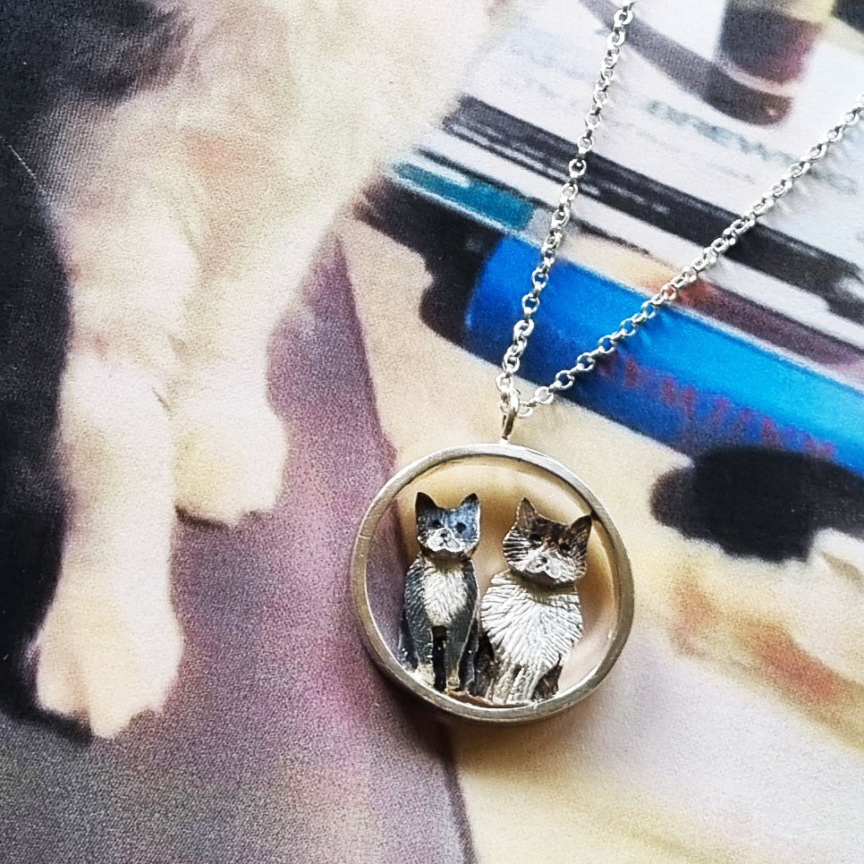 personalised silver cat necklace, necklace with two cats, cat memorial jewellery